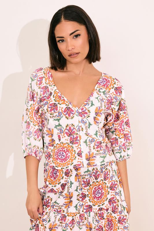 PixieGirl Petite Women's White Abstract Tile Cotton Puff Sleeve Top | PixieGirl 1