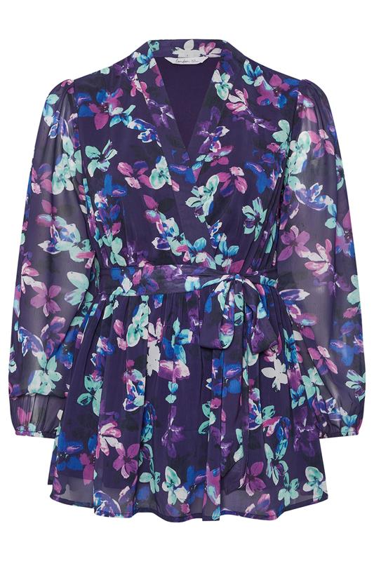 YOURS LONDON Plus Size Blue Floral Wrap Top | Yours Clothing 5