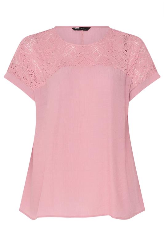 EVANS Plus Size Pink Lace Detail Short Sleeve Top | Evans  5