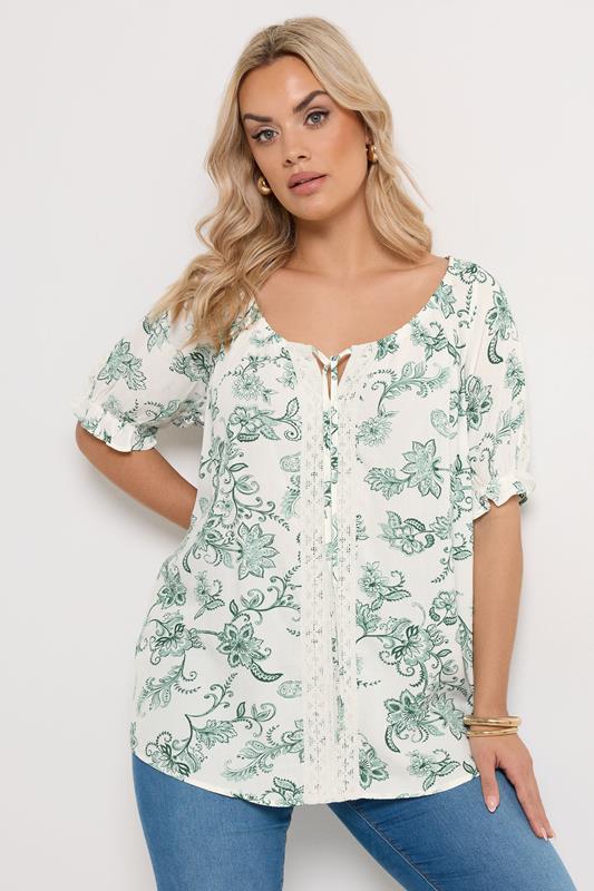 YOURS Curve Green Floral Crochet Top