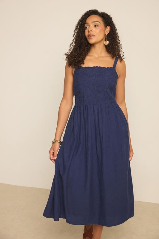  M&Co Navy Blue Linen Embroidered Trim Maxi Dress