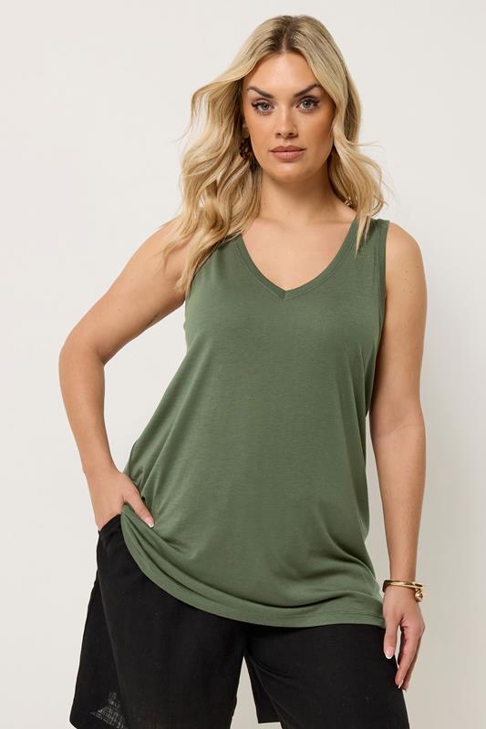 YOURS Plus Size Khaki Green V-Neck Basic Vest Top | Vest Top 1