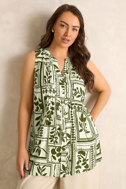 EVANS Plus Size Green Leaf Pintuck Sleeveless Shirt | Evans 1