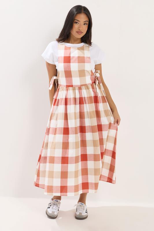 PixieGirl Petite Women's Pink Check Cotton Midi Dress | PixieGirl 1