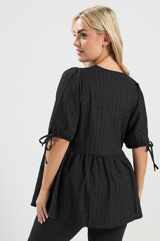 YOURS Plus Size Black Textured Bow Tie Front Top | Yours Clothing 2