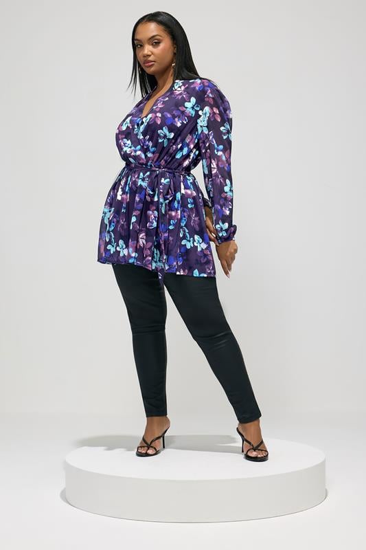 YOURS LONDON Plus Size Blue Floral Wrap Top | Yours Clothing 1