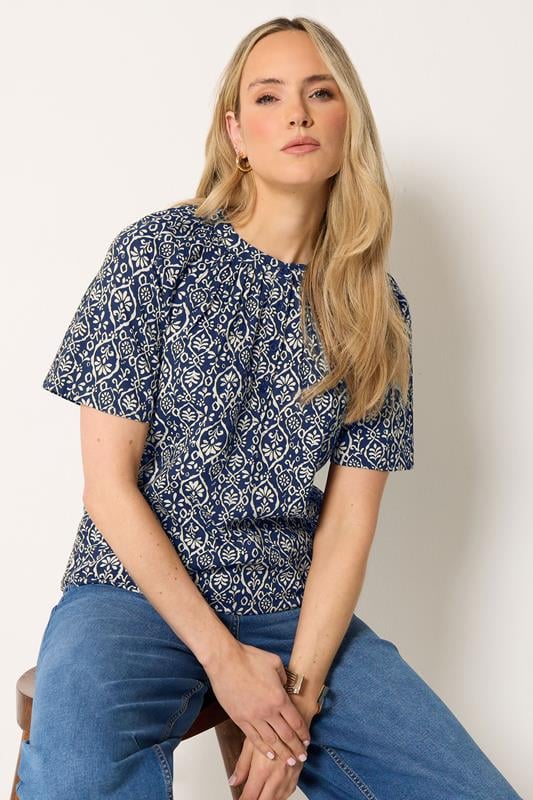 LTS Tall Navy Blue Geometric Placket Blouse | Long Tall Sally 1