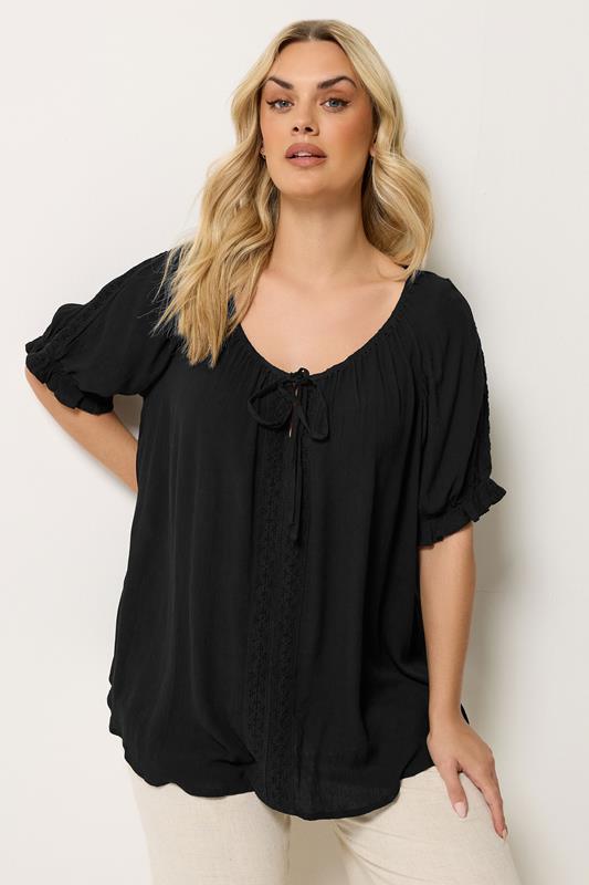 YOURS Plus Size Black Crochet Detail Top | Yours Clothing 1