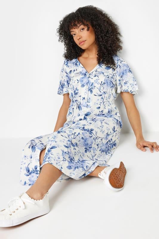 Women's  M&Co White & Blue Floral Print Button Through Midi Tea Dress