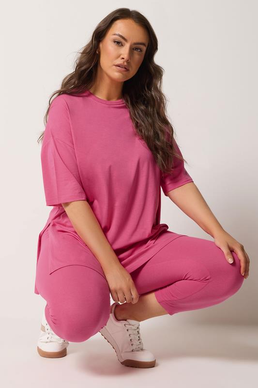 YOURS Curve Pink Elasticated Waist Cropped Leggings
