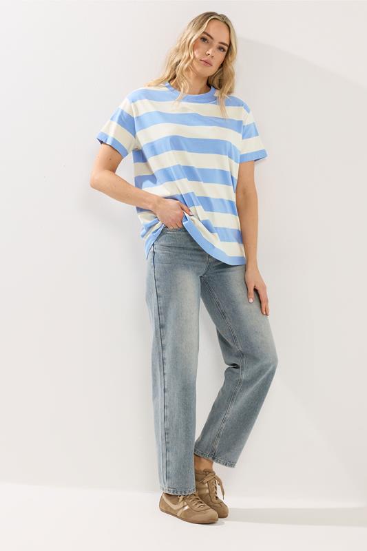 LTS Tall Women's White & Blue Stripe Cotton Oversized T-Shirt | Long Tall Sally 1