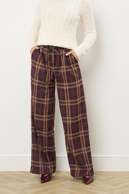 LTS Tall Burgundy Red Checked Wide Leg Trousers | Long Tall Sally 2