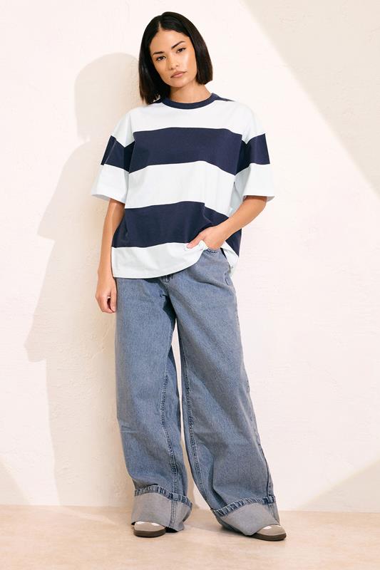 PixieGirl Petite Women's Navy Blue Striped Cotton Boxy T-Shirt | PixieGirl 1