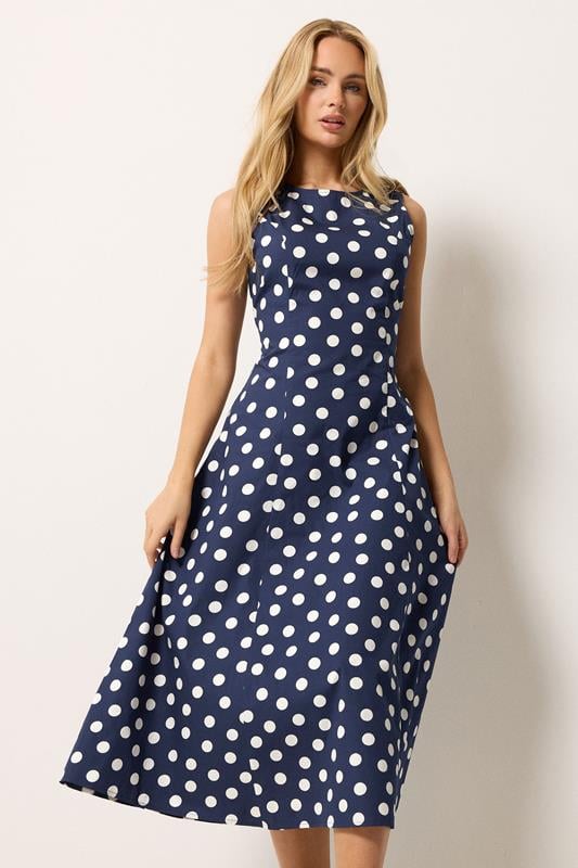 M&Co Navy Blue Polka Dot Fit & Flare Cotton Maxi Dress | M&Co 1