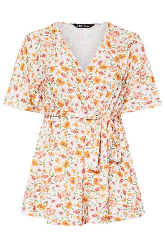 YOURS Plus Size Orange Floral Print Ribbed Wrap Top | Yours Clothing 5