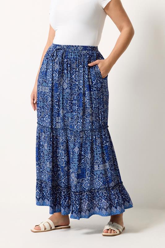 YOURS Curve Navy Blue Paisley Tiered Skirt