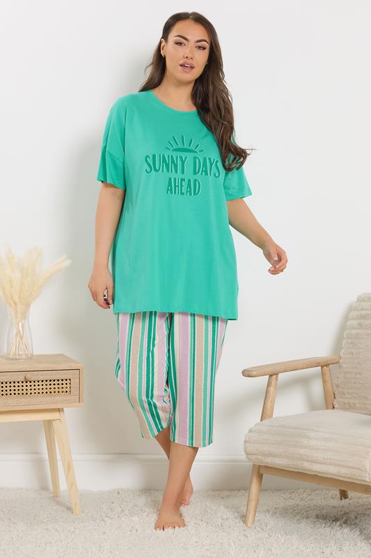 YOURS Curve Green 'Sunny Days' Stripe Cropped Pyjama Set