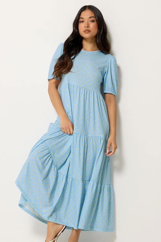  PixieGirl Petite Light Blue Polka Dot Tiered Maxi Dress