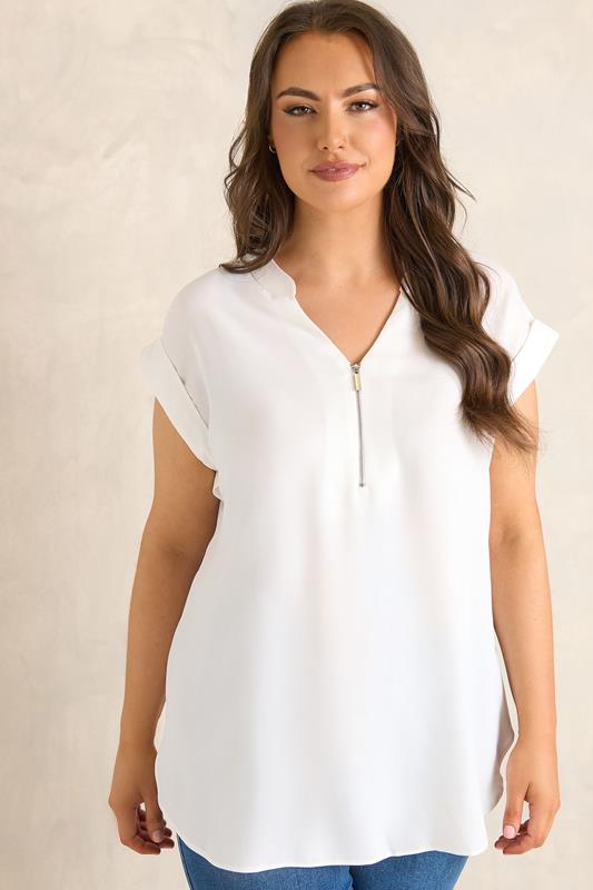 EVANS Plus Size White Zip Front Blouse | Evans 1