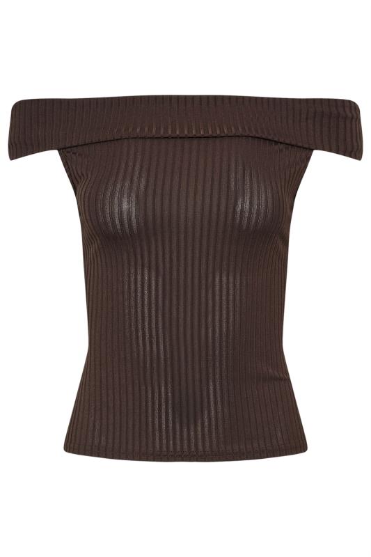 Petite Chocolate Brown Ribbed Bardot Top | PixieGirl  5