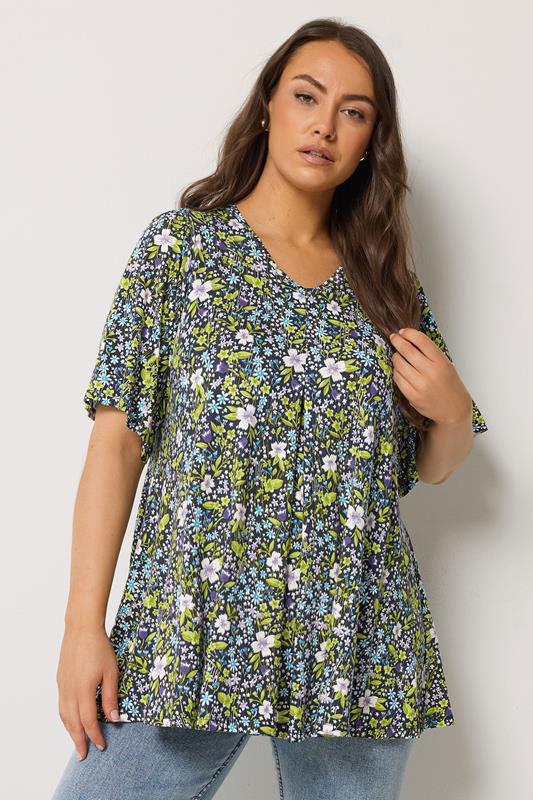 YOURS Plus Size Navy Blue & Green Floral Pleat Front Top | Yours Clothing 1