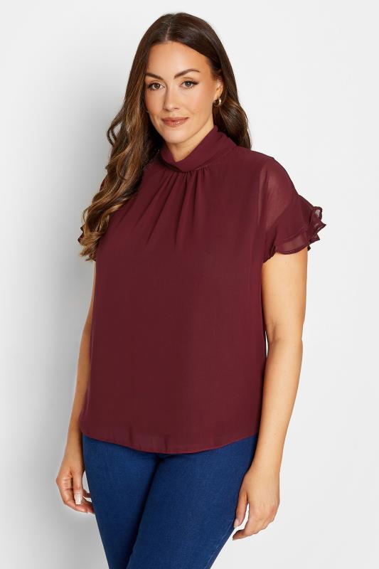 M&Co Burgundy Red High Neck Frill Sleeve Blouse | M&Co 1