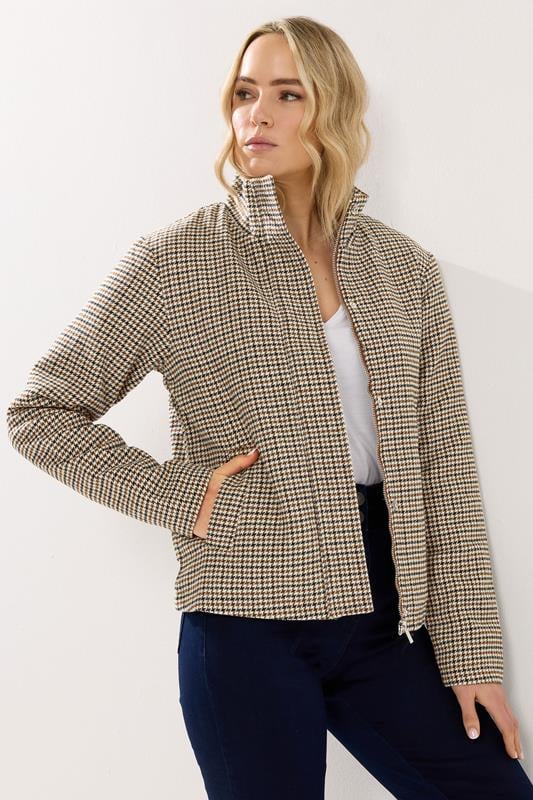 LTS Tall Brown Check Funnel Neck Coat
