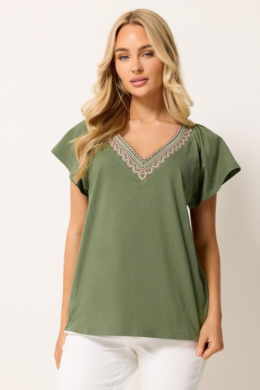 M&Co Khaki Green Embroidered Trim Cotton Cotton T-Shirt | M&Co 1