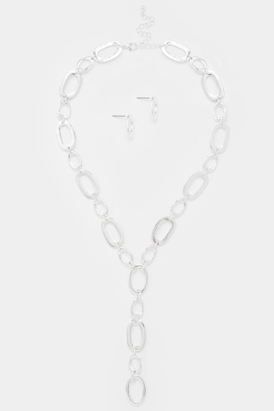 Silver Tone Link Lariat Necklace & Earring Set | Yours Clothing 1