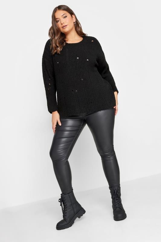 YOURS Plus Size Black Distressed Knit Jumper | Yours Clothing 2