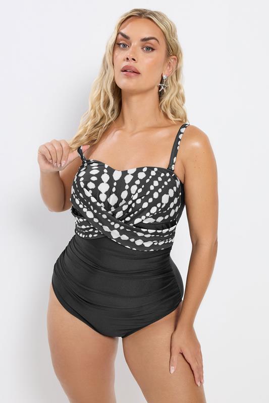 YOURS Plus Size Black Crossover Spot Print Swimsuit | Yours Clothing 1