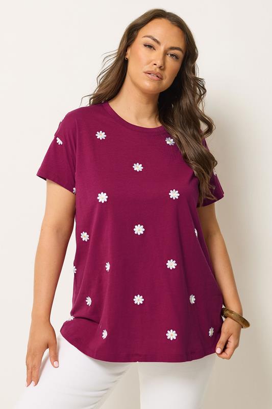 YOURS Curve Pink Embroidered Daisy T-Shirt