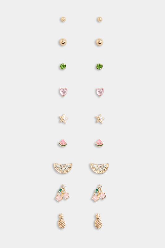 9 PACK Gold Fruit Mixed Stud Earrings Set | Yours Clothing  3
