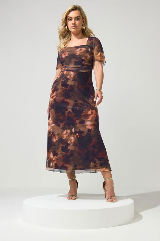 YOURS LONDON Curve Brown Floral Square Neck Maxi Dress