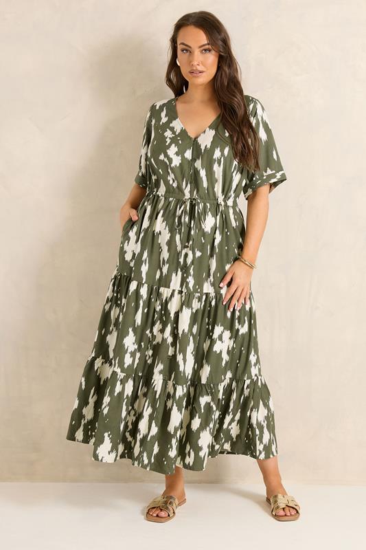 EVANS Plus Size Khaki Green Abstract Placket Dress | Evans 2