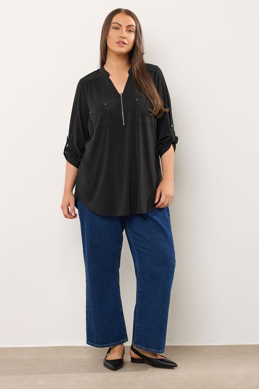 EVANS Plus Size Black Zip Front Jersey Blouse | Evans  1