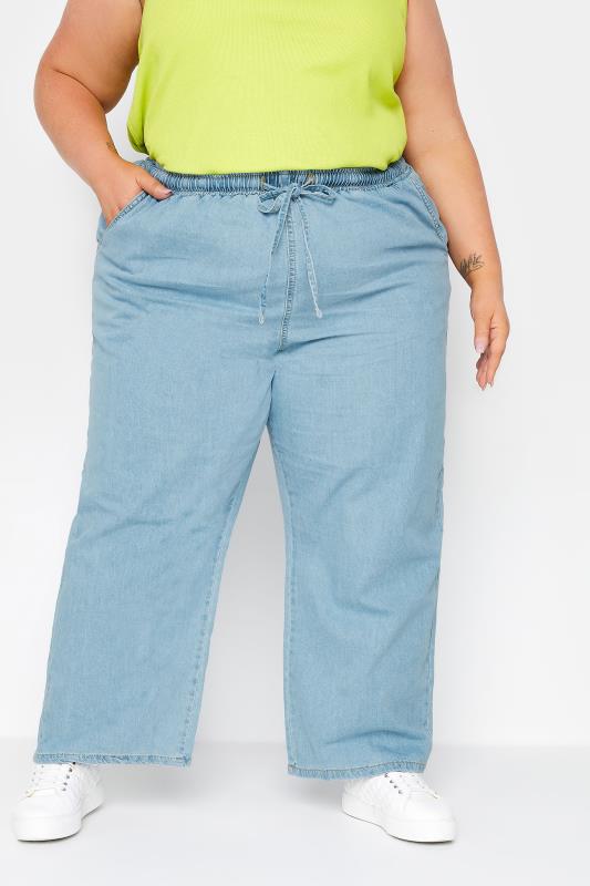 YOURS Plus Size Light Blue Pull On Wide Leg Jeans | Yours Clothing 2