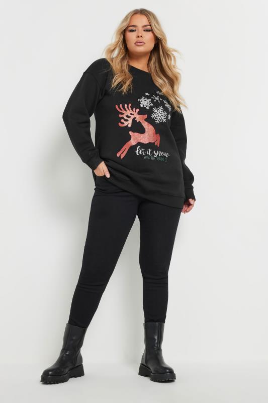 YOURS Plus Size Black 'Let It Snow' Reindeer Print Sweatshirt | Yours Clothing  1