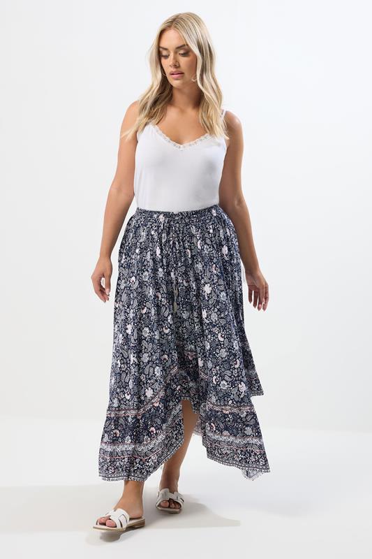 YOURS Plus Size Navy Blue Paisley Hanky Hem Skirt | Yours Clothing 1