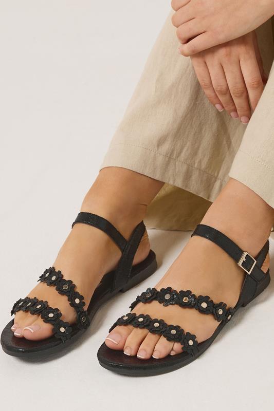 Black Ditsy Floral Sandals In Wide E Fit | Yours Clothing 1