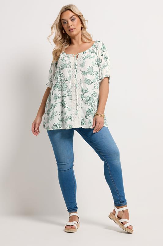 YOURS Plus Size Green Floral Crochet Top | Yours Clothing 1