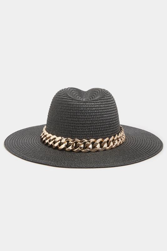 Plus Size  Yours Black Straw Chain Fedora Hat