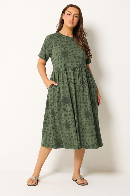 YOURS Curve Khaki Green Mixed Floral Throw on Smock Dress