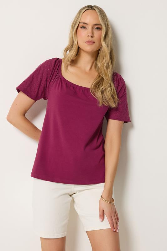 LTS Tall Berry Red Embroidered Sleeve Cotton Top