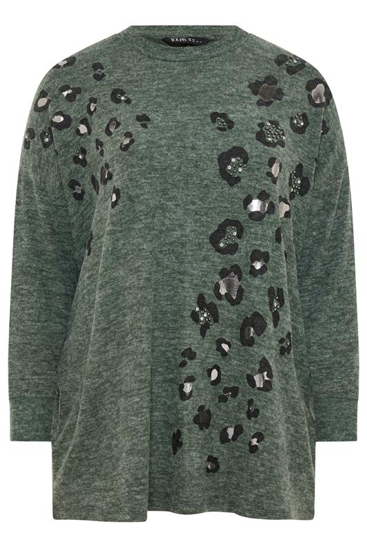 YOURS Plus Size Green Leopard Animal Print Stud Jumper | Yours Clothing 5