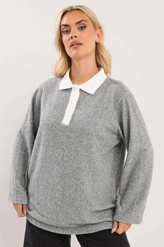 YOURS Plus Size Grey Long Sleeve Rugby Collar Top | Yours Clothing 1