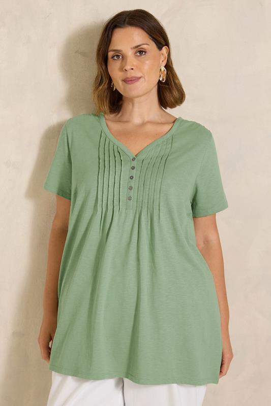 EVANS Plus Size Sage Green Short Sleeve Cotton Henley Top | Evans 1