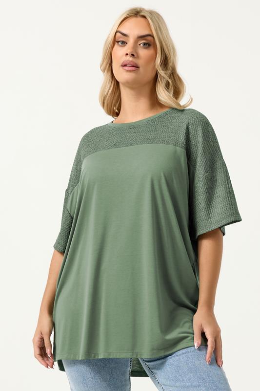 YOURS Curve Khaki Green Woven Panel Oversized T-Shirt
