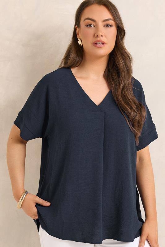 EVANS Curve Navy Blue Front Pleat Blouse