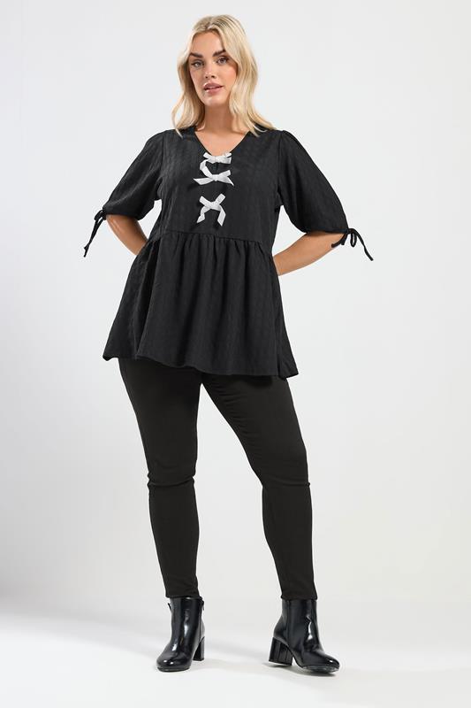 YOURS Plus Size Black Textured Bow Tie Front Top | Yours Clothing 1